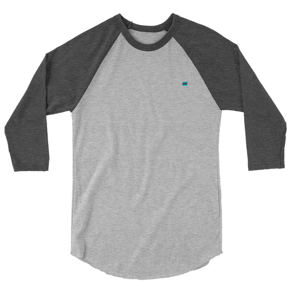 3/4 sleeve baseball raglan t-shirt heather gray front with heather charcoal colored sleeves and kiko logo left chest