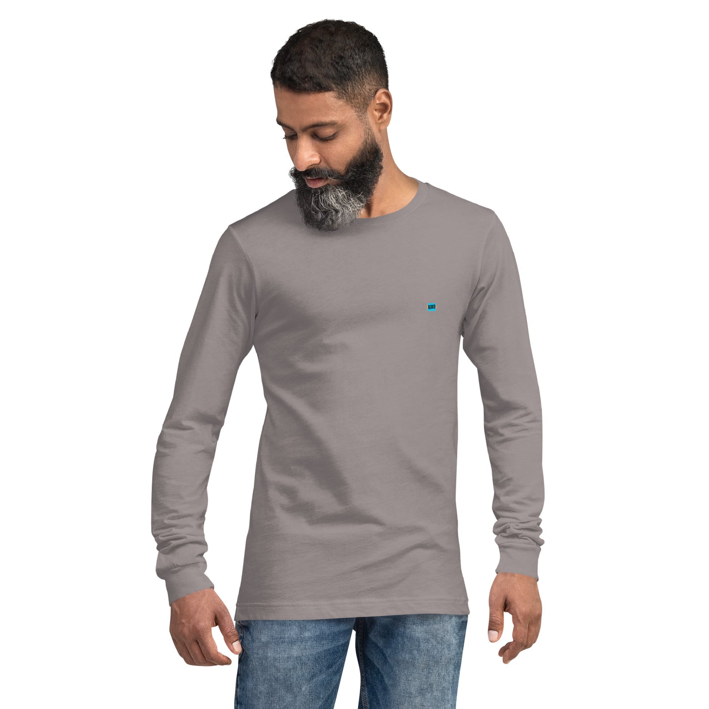 male wearing storm gray long sleeve t-shirt with kiko logo left chest