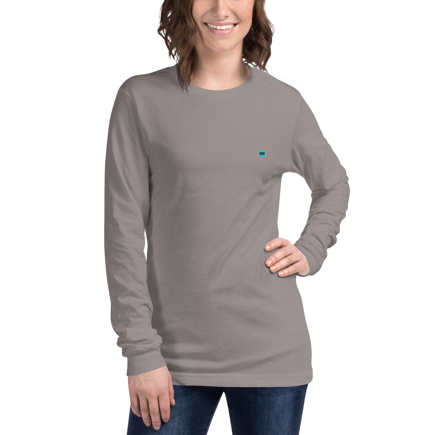 female wearing storm gray long sleeve t-shirt with kiko logo left chest