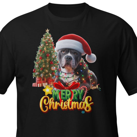 black graphic t-shirt with an american bully in a christmas hat words that say merry christmas