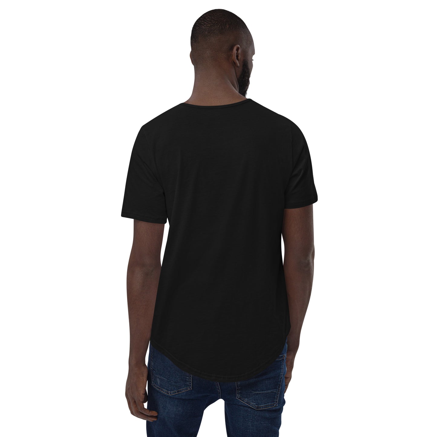 back of male model wearing Kiko Brand Black men's curved hem t-shirt with short sleeves and a rounded hem. The fabric is soft and comfortable, making it perfect for casual outings or lounging at home.