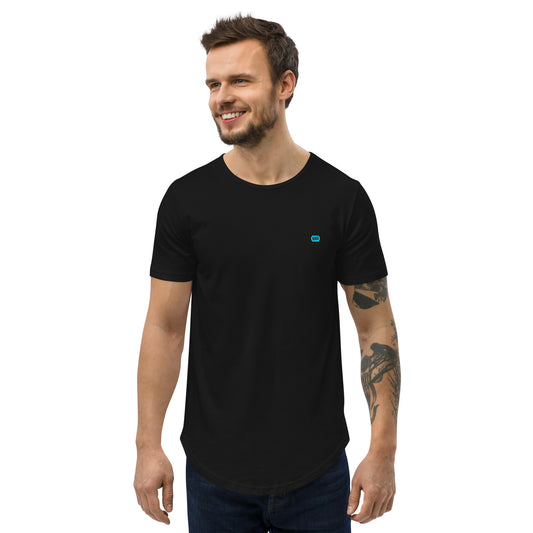 front facing male model wearing Kiko Brand logo Black color men's curved hem t-shirt with short sleeves and a rounded hem. The fabric is soft and comfortable, making it perfect for casual outings or lounging at home.