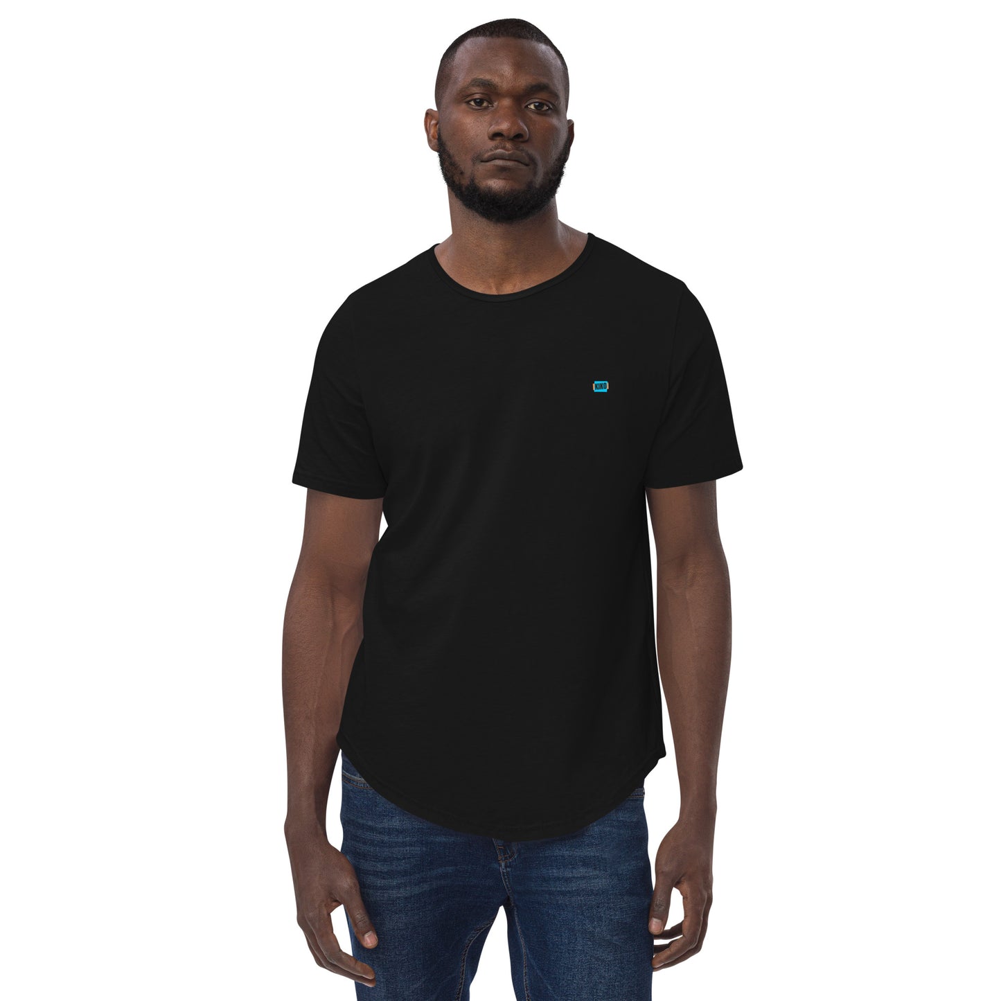 front facing male model wearing Kiko Brand Black men's curved hem t-shirt with short sleeves and a rounded hem. The fabric is soft and comfortable, making it perfect for casual outings or lounging at home.