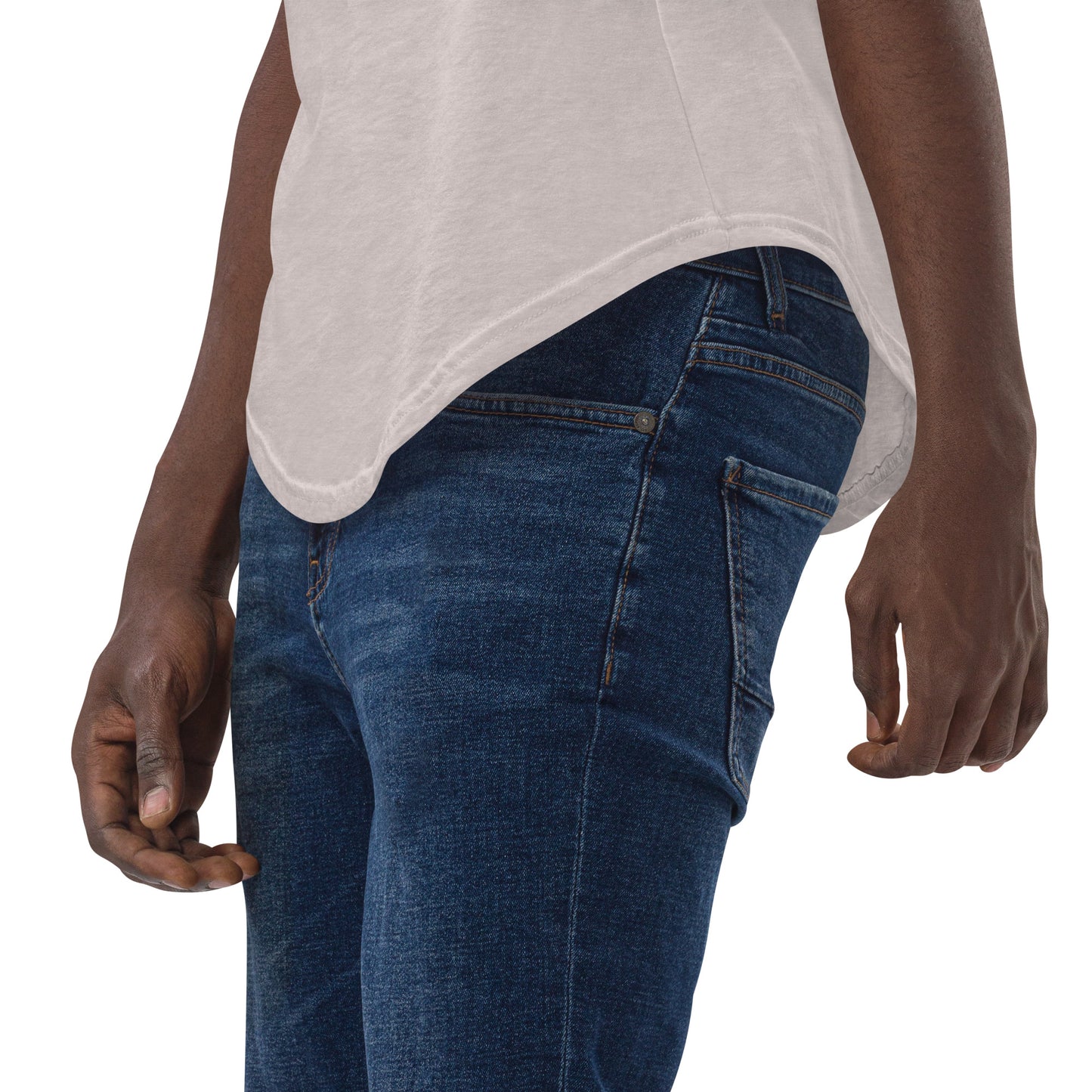 Kiko Brand heather cool gray men's curved hem t-shirt with short sleeves and a rounded hem with blue jeans. The fabric is soft and comfortable, making it perfect for casual outings or lounging at home.