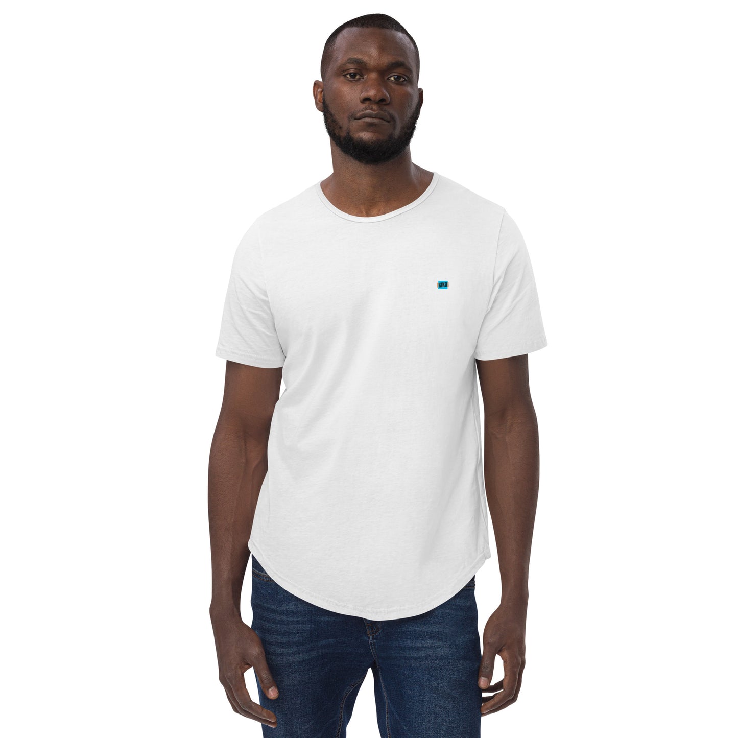front facing male model wearing Kiko Brand logo white men's curved hem t-shirt with short sleeves and a rounded hem. The fabric is soft and comfortable, making it perfect for casual outings or lounging at home.