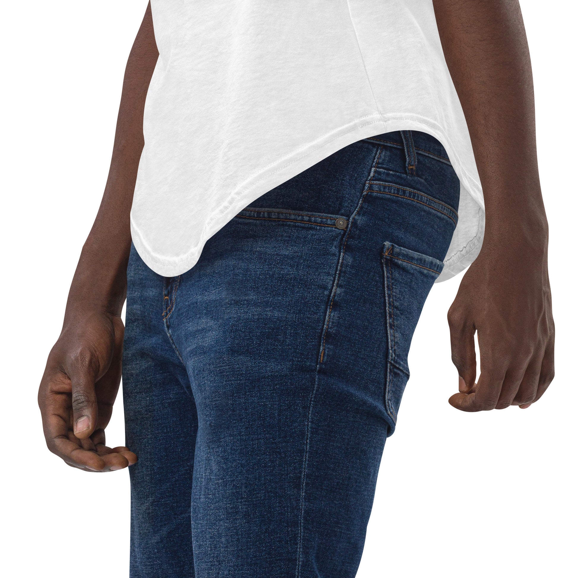 Kiko Brand white men's curved hem t-shirt with short sleeves and a rounded hem with blue jeans. The fabric is soft and comfortable, making it perfect for casual outings or lounging at home.