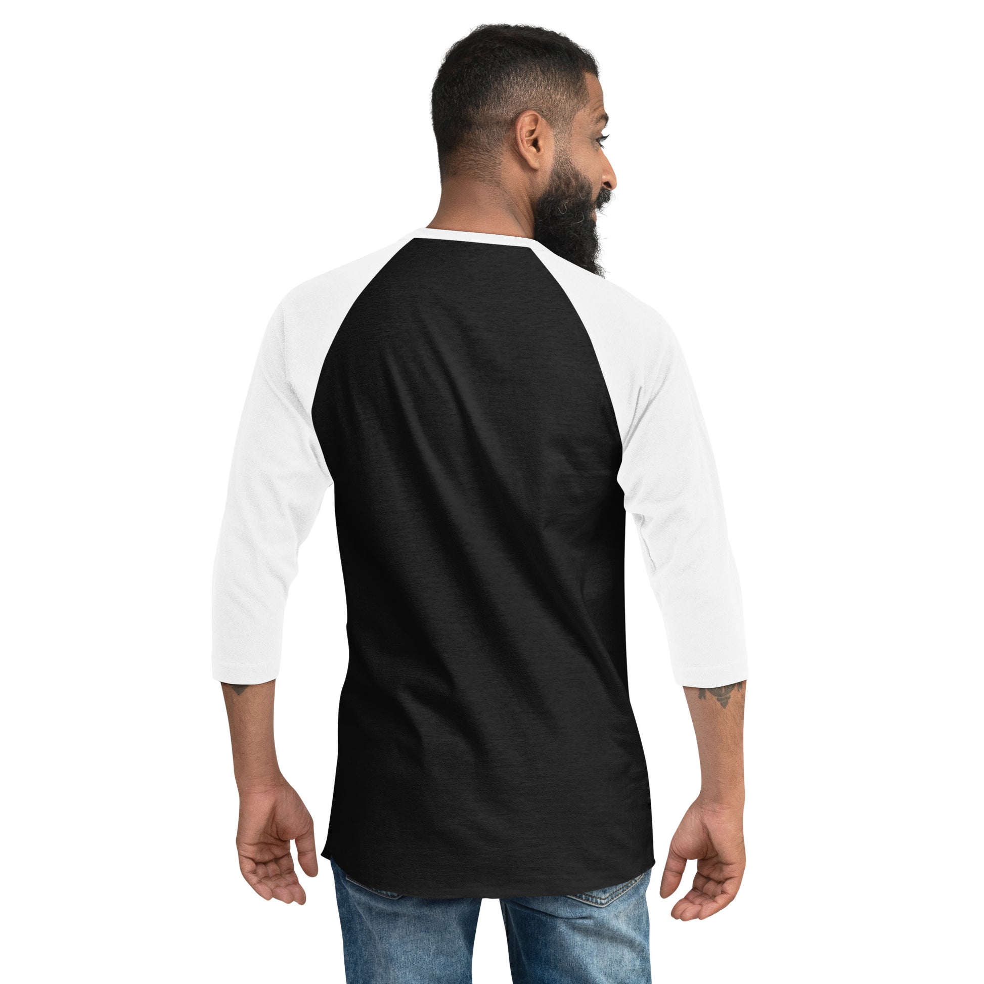 male wearing showing the back of 3/4 sleeve baseball raglan t-shirt black with white sleeves and kiko logo left chest