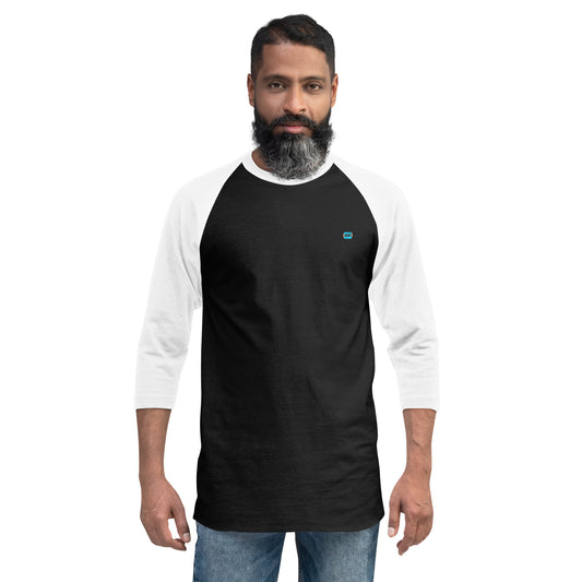 male wearing 3/4 sleeve baseball raglan t-shirt black with white sleeves and kiko logo left chest