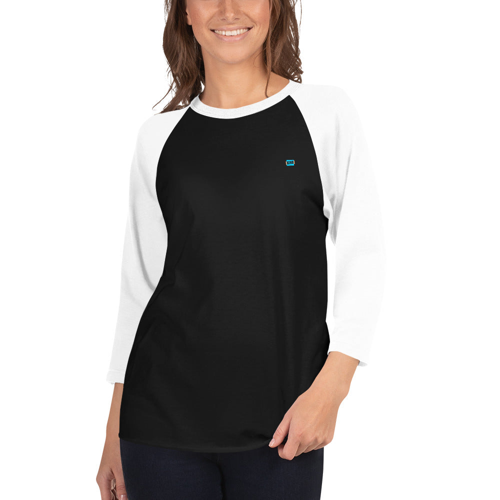 female wearing 3/4 sleeve baseball raglan t-shirt black with white sleeves and kiko logo left chest