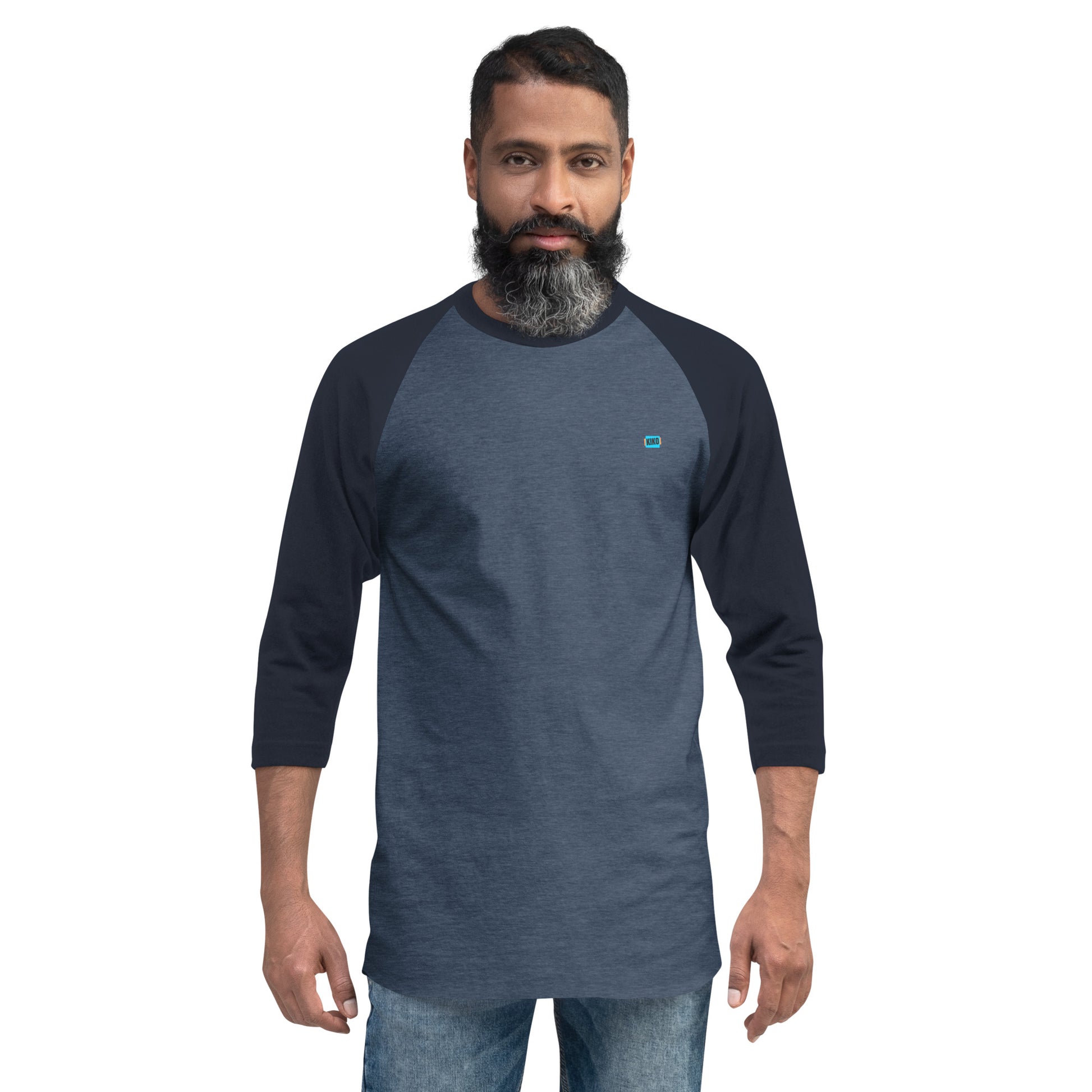 male wearing 3/4 sleeve baseball raglan t-shirt heather navy front with navy colored sleeves and kiko logo left chest