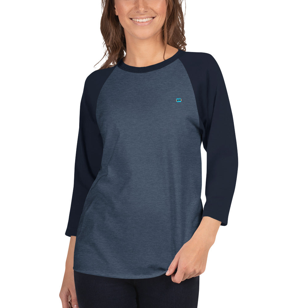 female wearing 3/4 sleeve baseball raglan t-shirt heather navy front with navy colored sleeves and kiko logo left chest