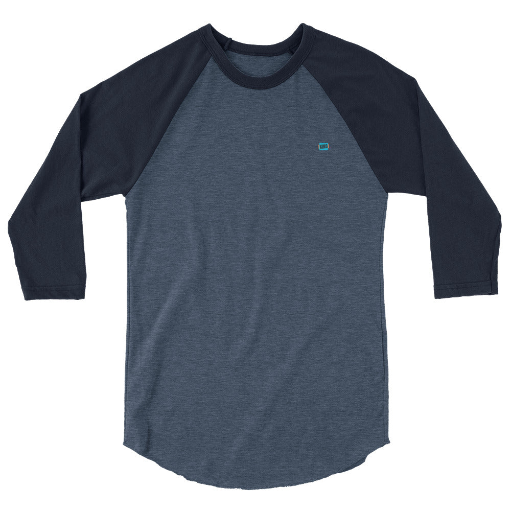 3/4 sleeve baseball raglan t-shirt heather navy front with navy colored sleeves and kiko logo left chest