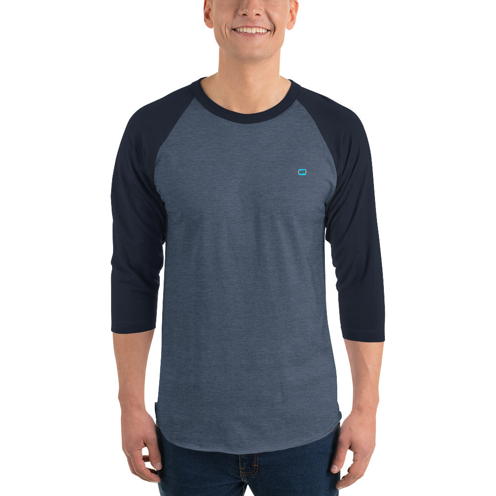 male wearing 3/4 sleeve baseball raglan t-shirt heather navy front with navy colored sleeves and kiko logo left chest