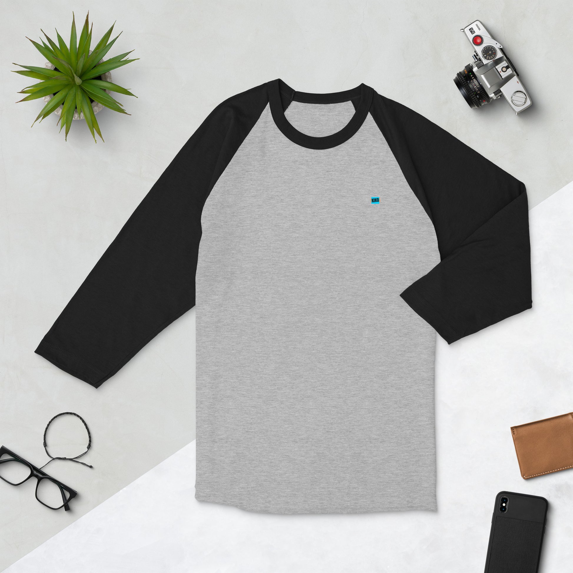 3/4 sleeve baseball raglan t-shirt heather grey with black colored sleeves and kiko logo left chest