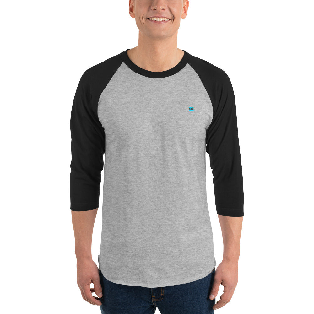 male 3/4 sleeve baseball raglan t-shirt heather grey with black colored sleeves and kiko logo left chest