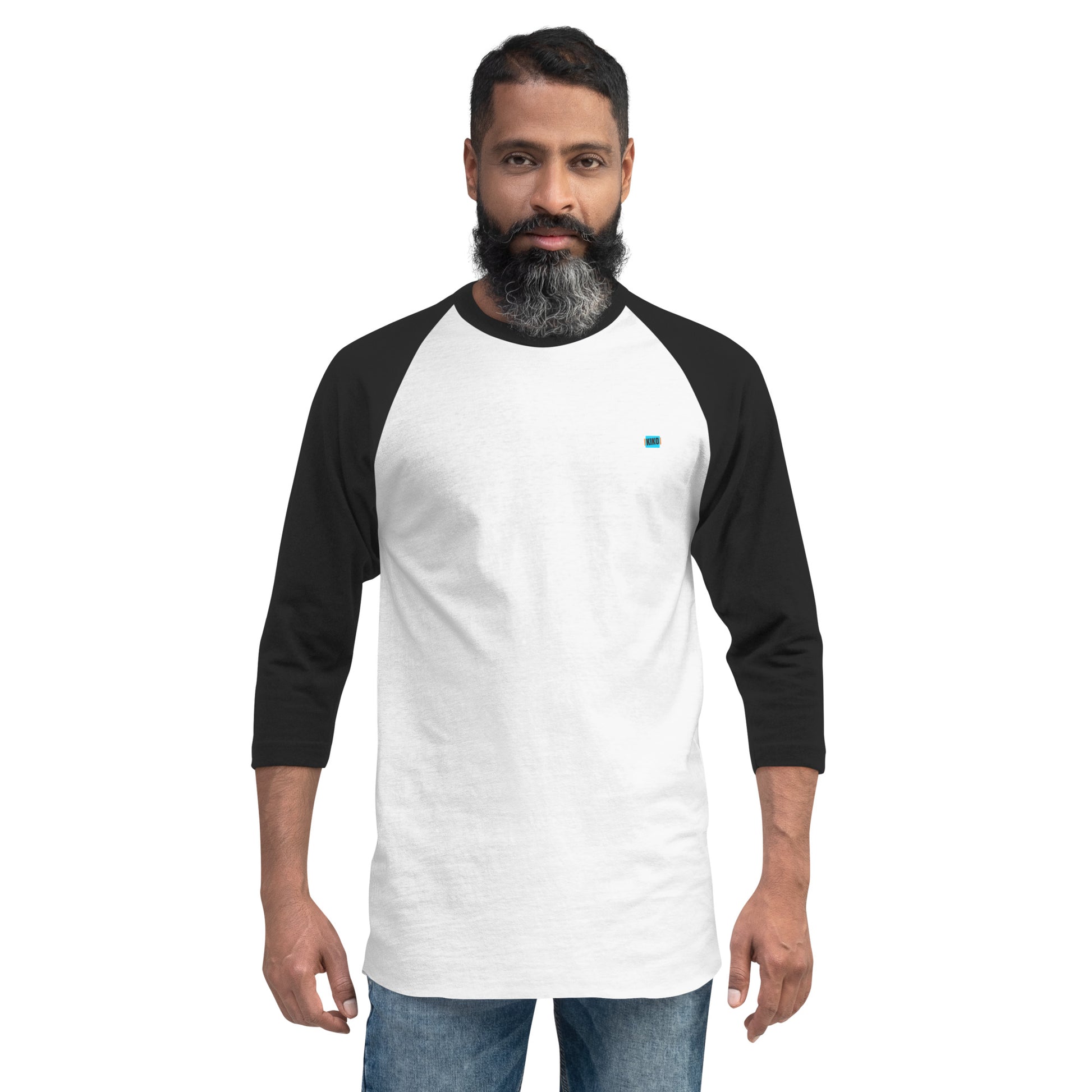 male wearing 3/4 sleeve baseball raglan t-shirt white with black colored sleeves and kiko logo left chest