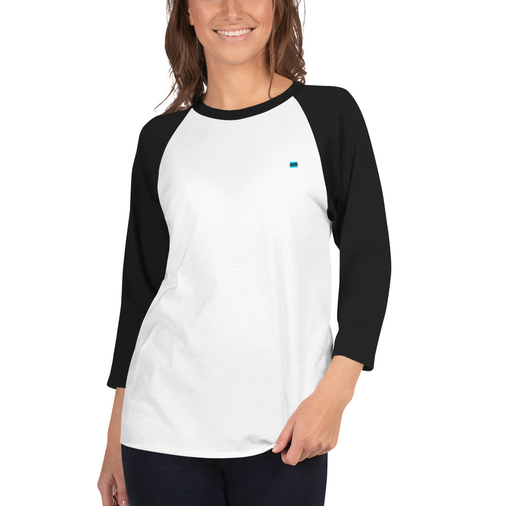 female wearing 3/4 sleeve baseball raglan t-shirt white with black colored sleeves and kiko logo left chest